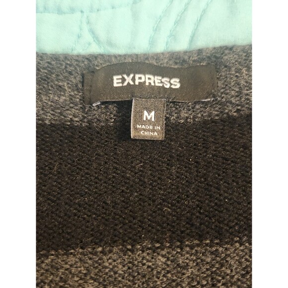 Express Medium Black & Gray V-Neck Striped Sweater Dress Pockets Wool Blend Y2K - Picture 2 of 11
